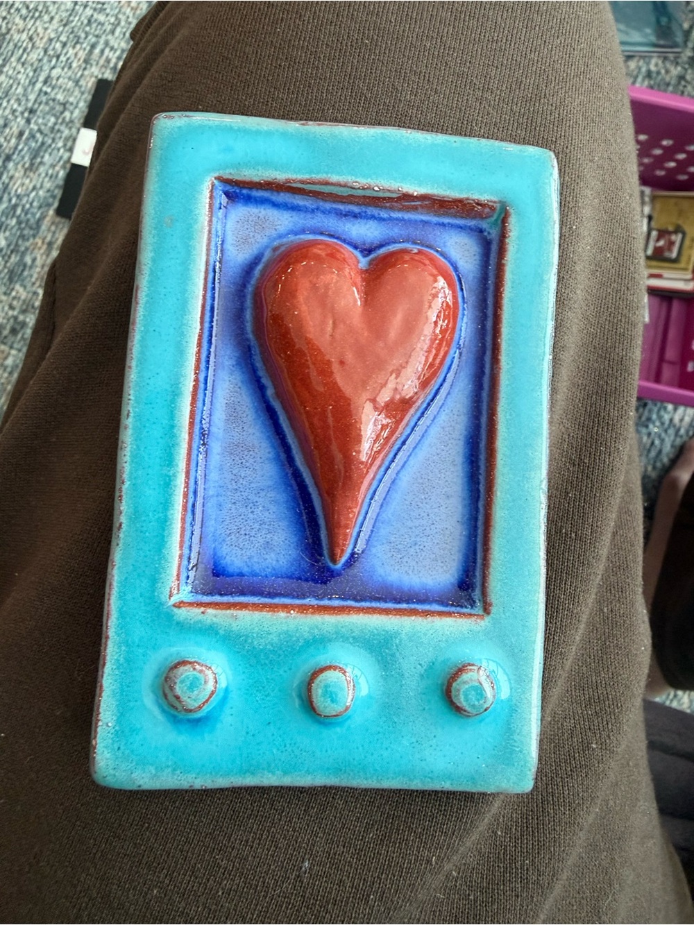 Vintage Earth Art Handmade Pottery Heart Plaque Tile 2.5” x 4” USA
